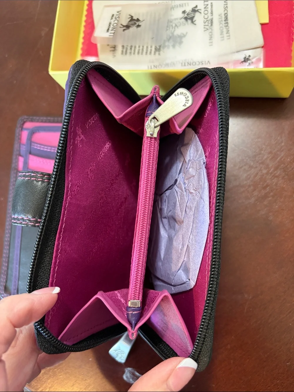 Visconti Black Leather Wallet with Pink Stitching